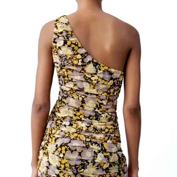 Zara Dress Bodycon Ruched Gold Floral One Shoulder Mini Size Small - Picture 3 of 9